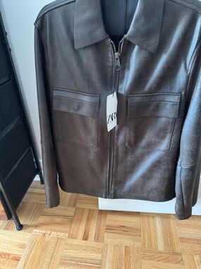 ZARA Men's Dark Brown Leather Zip-Front Shirt Jacket